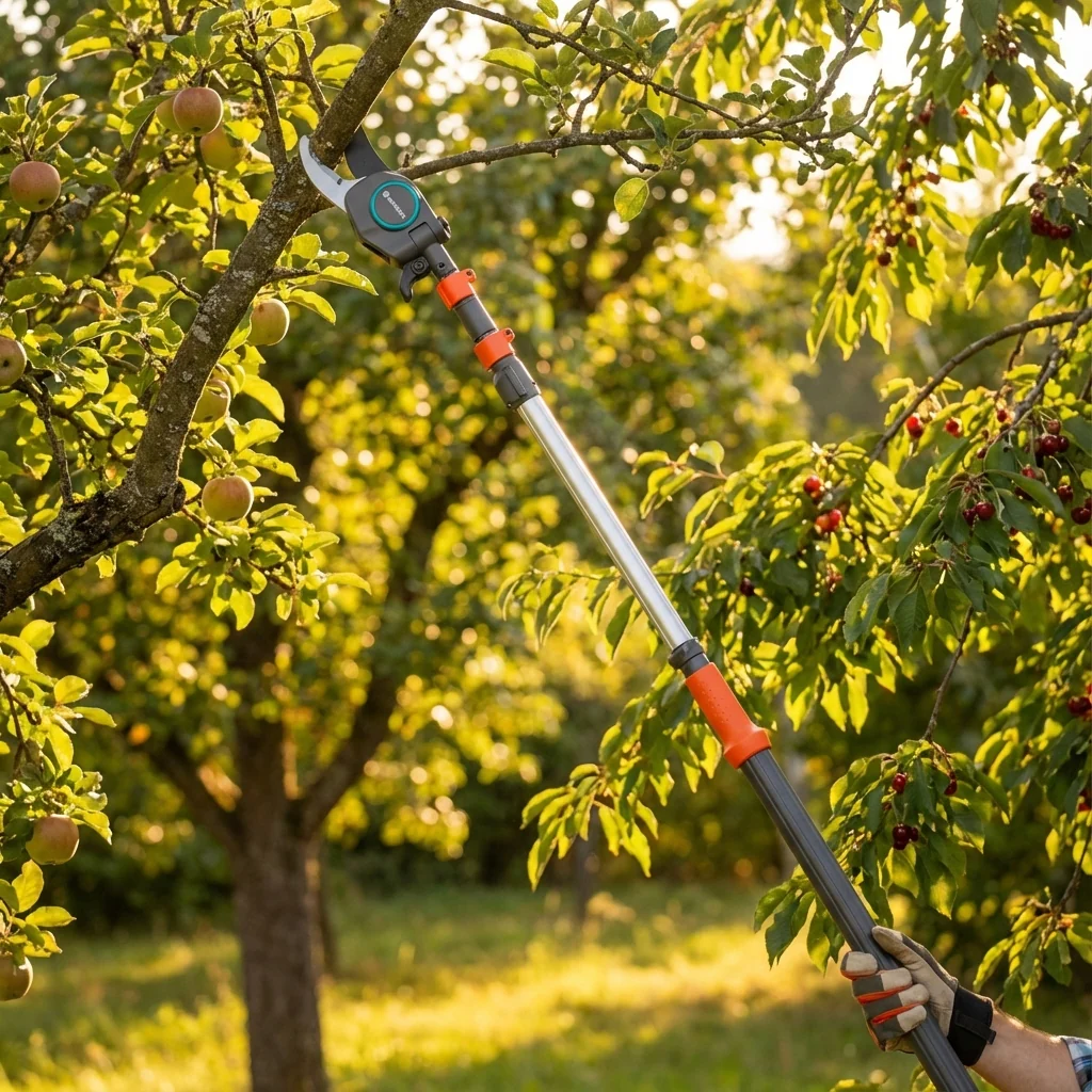A person using a telescopic pruning shear to cut a tree branch.